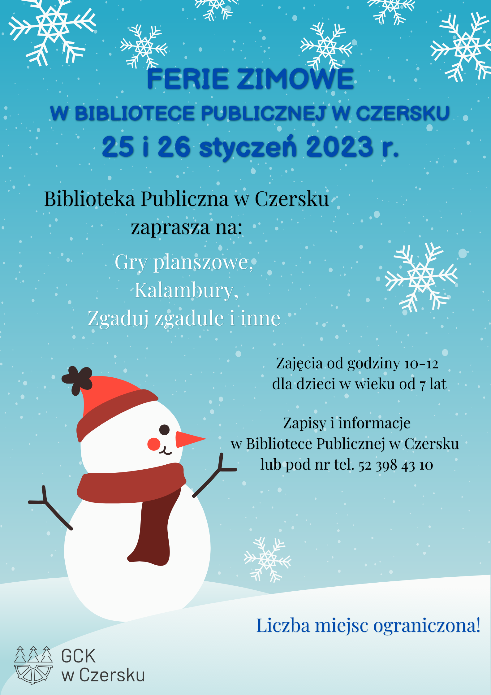 Biblioteka Publiczna w Czersku zaprasza na Ferie Zimowe 25 i 26 stycznia od godziny 10-12